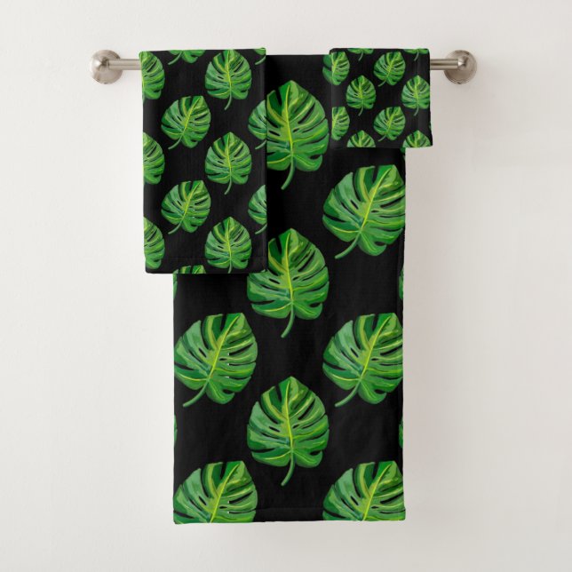 Simple Green Monstera Leaf Pattern on Black Bath Towel Set (Insitu)