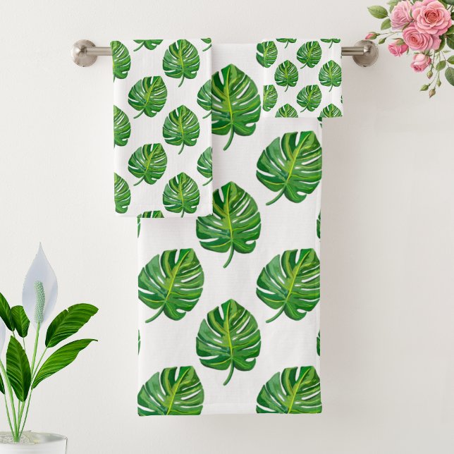 Simple Green Monstera Leaf Pattern on White Bath Towel Set (Creator Uploaded)
