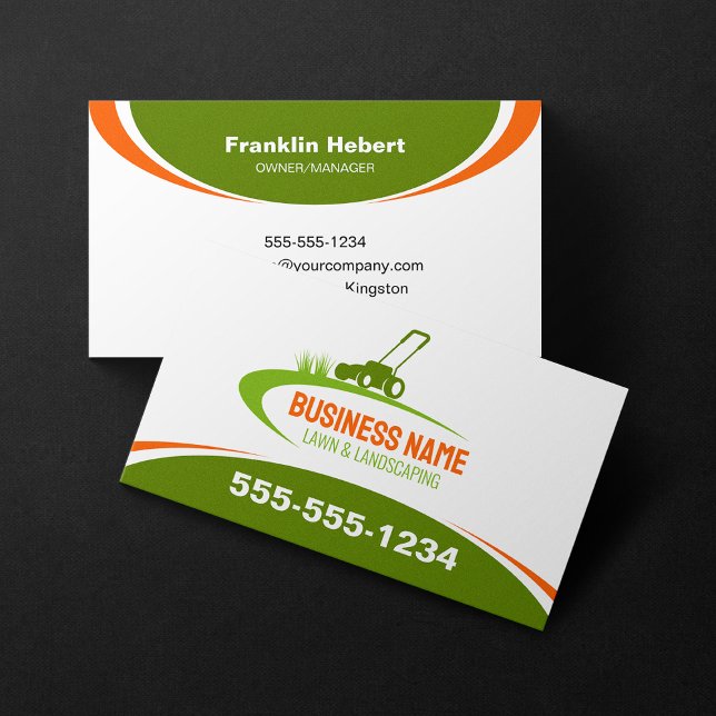 Simple Green Orange Lawn Landscaping Mow Service Business Card (Creator Uploaded)