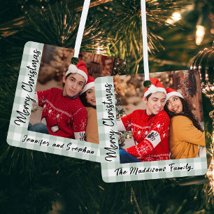 Simple Green Plaid Couple Family Photos Christmas Metal Ornament