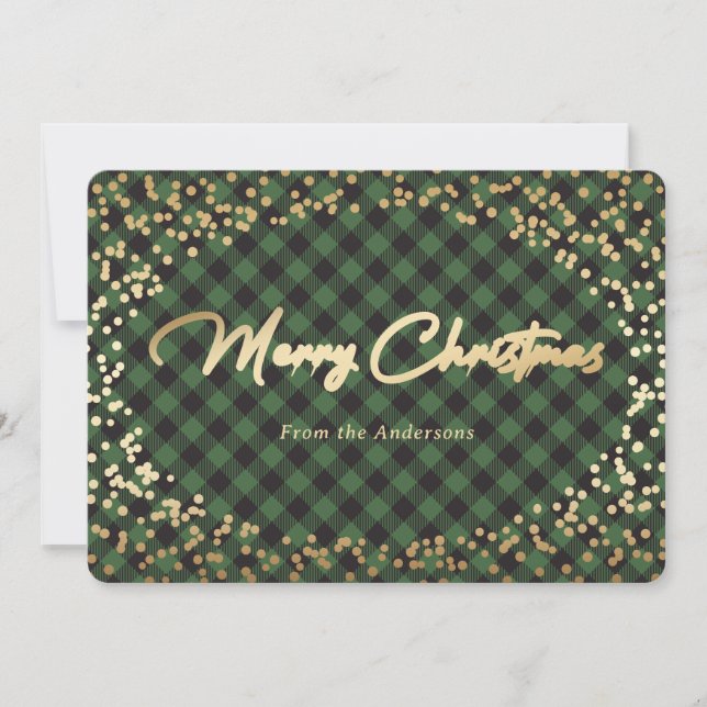 Simple Green Plaid Gold Foil Christmas Cards (Front)