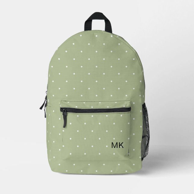 Simple Green Polka Dot Monogram Initials Printed Backpack (Front)
