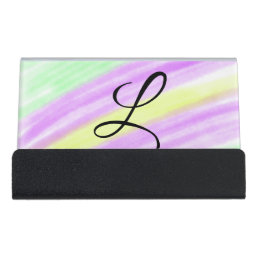 Simple green purple watercolor add your monogram n desk business card holder