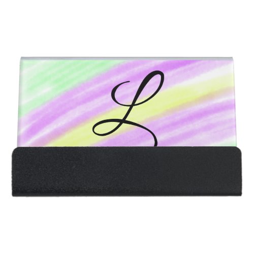 Simple green purple watercolor add your monogram n desk business card holder