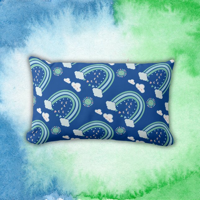 Simple Green Rainbow Boho on Blue | Lumbar Pillow (Creator Uploaded)