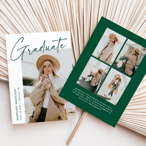 Simple Green Script 5 Photo Collage Graduation Announcement