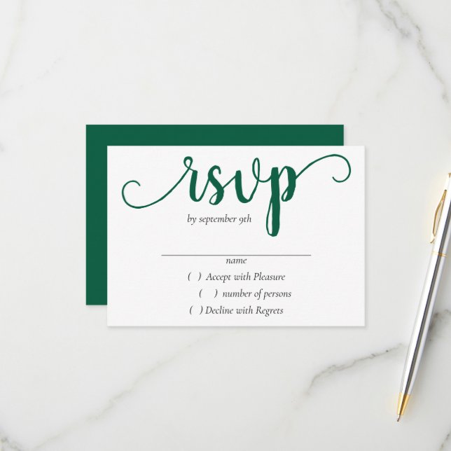 Simple Green Script | Hunter Flourish Any Event RSVP Card (Front/Back In Situ)