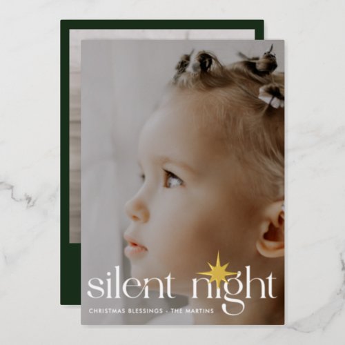 Simple Green Silent Night Christmas Star Two Photo Foil Holiday Card
