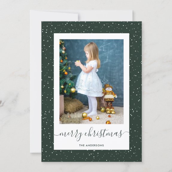 Simple Green Snowing Photo Merry Christmas Cards