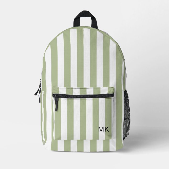 Simple Green Striped Monogram Initials Printed Backpack (Front)