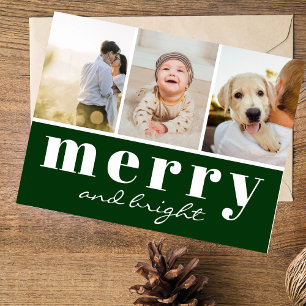 Simple Green Three Custom Photo Christmas Holiday Postcard