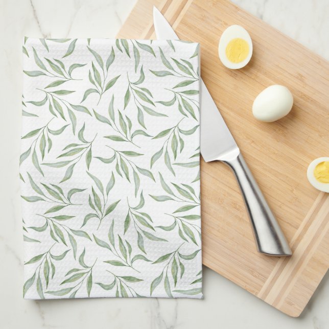 Simple Green Watercolor Leaves Botanical Pattern Kitchen Towel (Quarter Fold)