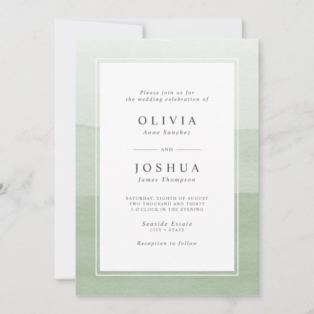 Simple Green Watercolor Ombre Wedding Invitation (Front)