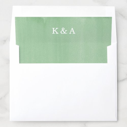 Simple Green Watercolor Wash Monogram Wedding Envelope Liner