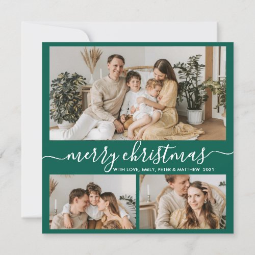 Simple Green White 3 Photo Collage Christmas Holiday Card