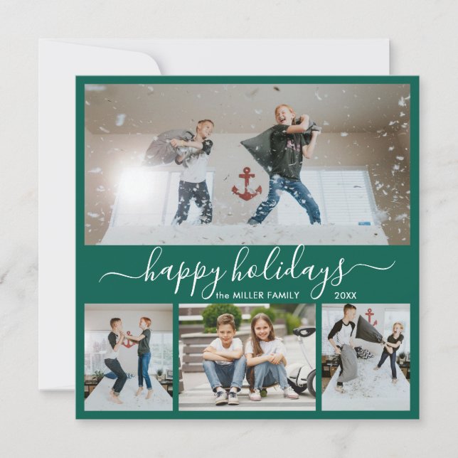 Simple Green White 4 Photo Collage Happy Holiday Card (Front)