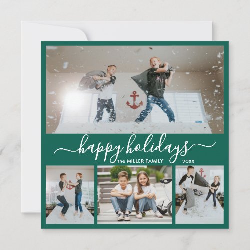 Simple Green White 4 Photo Collage Happy Holiday Card