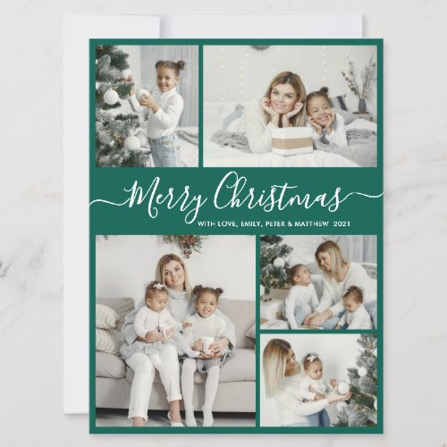 Simple Green White 5 Photo Collage Christmas Holiday Card