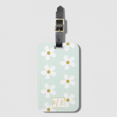 Simple Green White Daisy Gold Monogram Travel Luggage Tag
