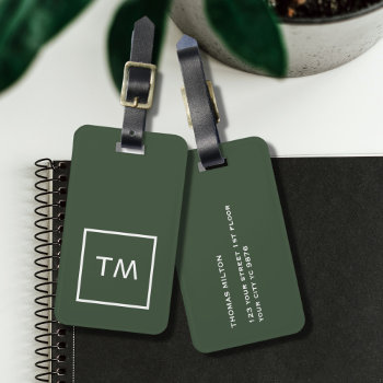 Simple Green White Frame Bold Monogram Luggage Tag by Weaselgift at Zazzle