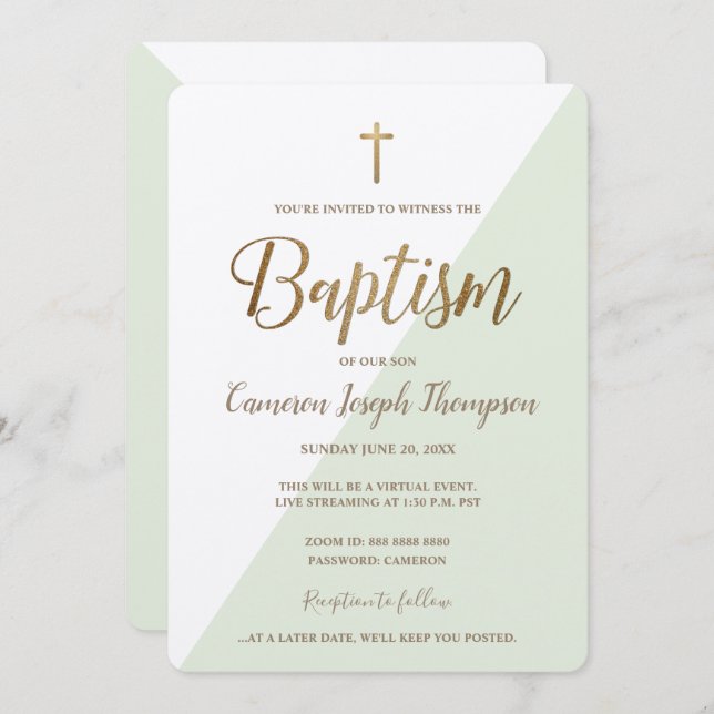 Simple Green White Gold Cross Virtual Baptism Invitation (Front/Back)