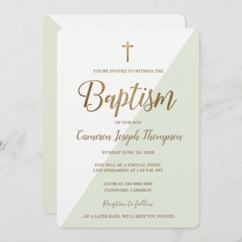 Simple Green White Gold Cross Virtual Baptism Invitation