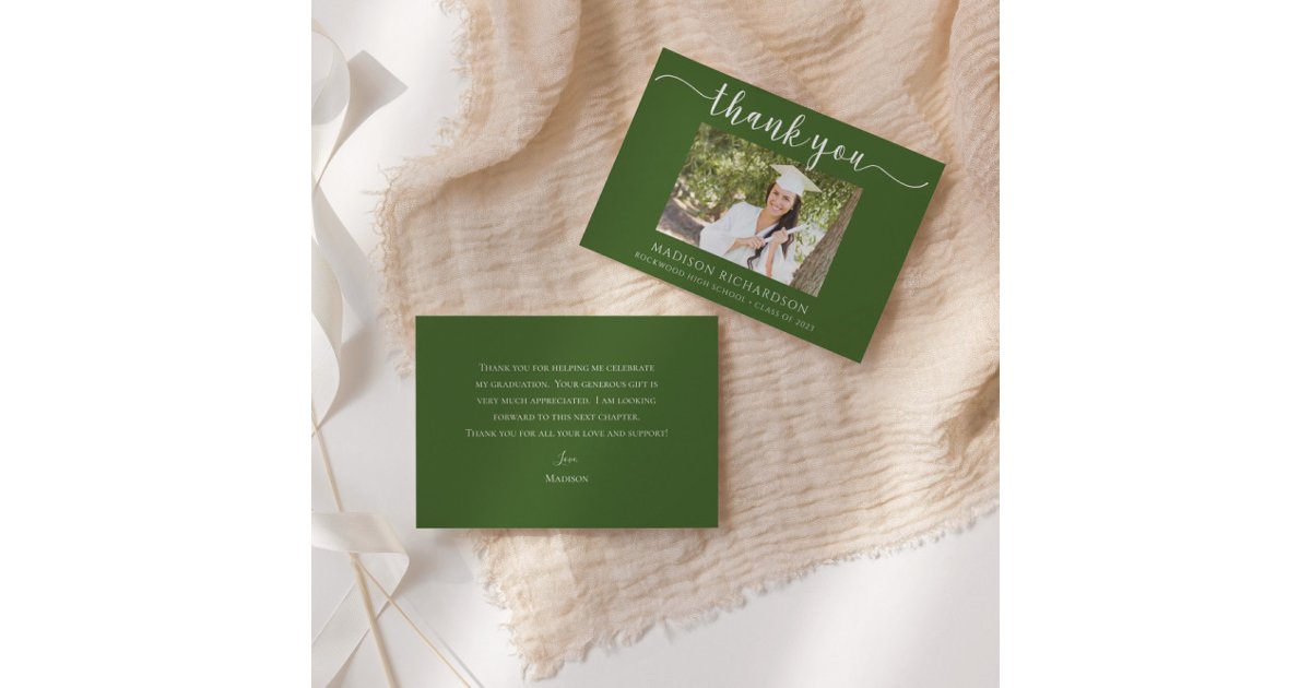 Simple Green & White Graduation Photo Thank You Card | Zazzle