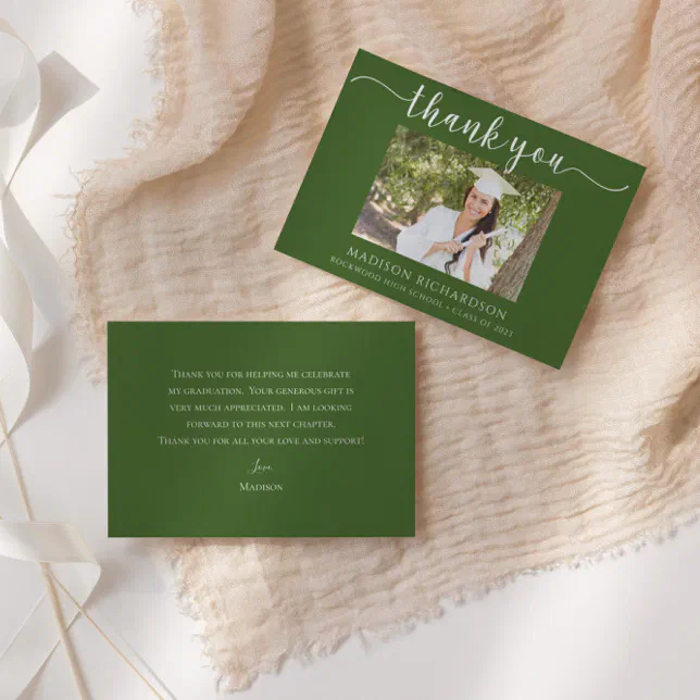 Simple Green & White Graduation Photo Thank You Card | Zazzle