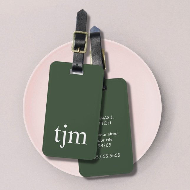 Simple Green White Masculine Monogram Luggage Tag (Creator Uploaded)
