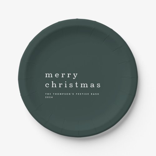 Simple Green White Typography Merry Christmas Paper Plates