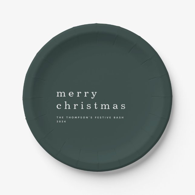 Simple Green White Typography Merry Christmas Paper Plates (Front)