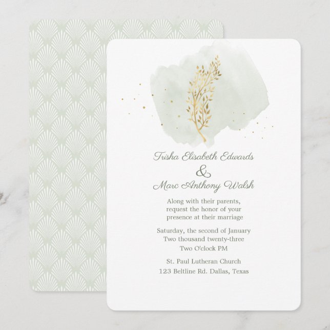 Simple Green with Gold Floral Wedding  Invitation (Front/Back)
