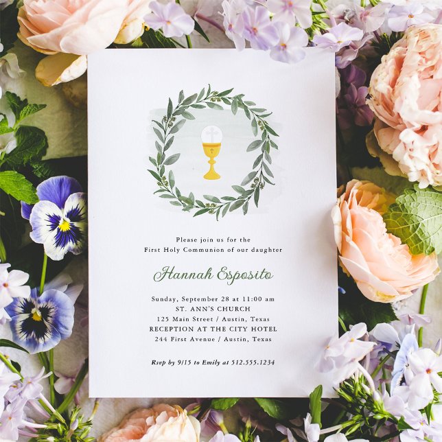 Simple Greenery and Chalice | First Holy Communion Invitation (Creator Uploaded)