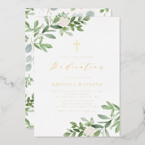 Simple Greenery and White Flowers Baby Dedication Foil Invitation