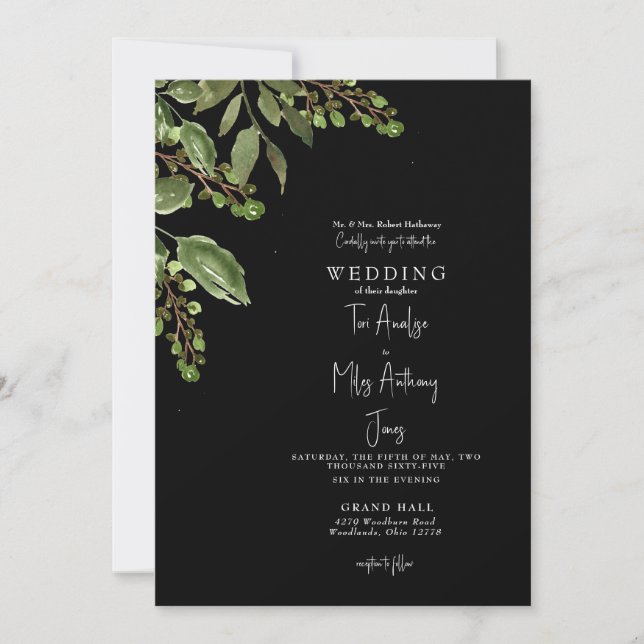 Simple Greenery B/W 5x7 Wedding Invitation (Front)