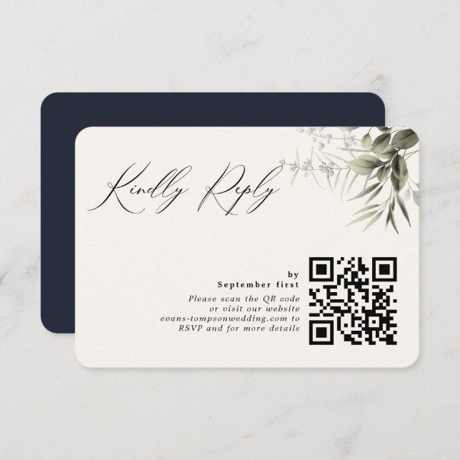 Simple Greenery Botanical Dark Navy QR Code RSVP Card (Front/Back)