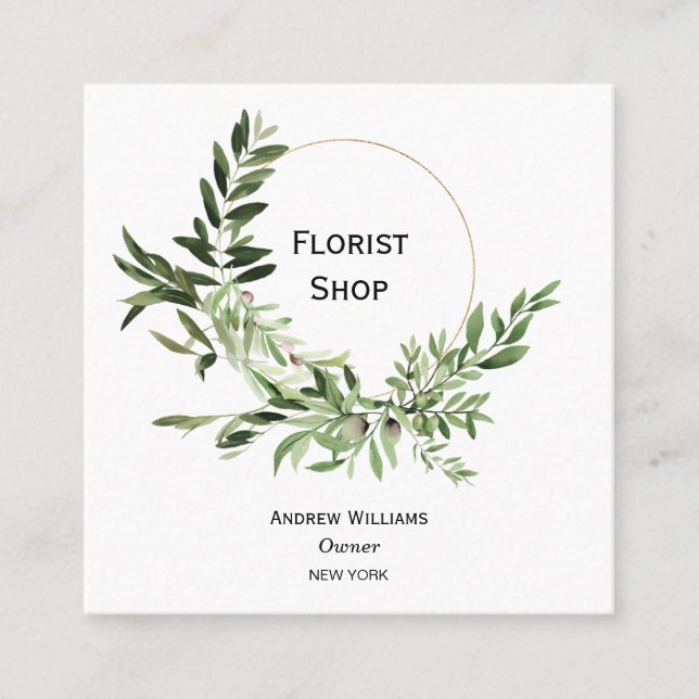 Simple Greenery Botanical Olive Leaves Florist Square Business Card (Front)