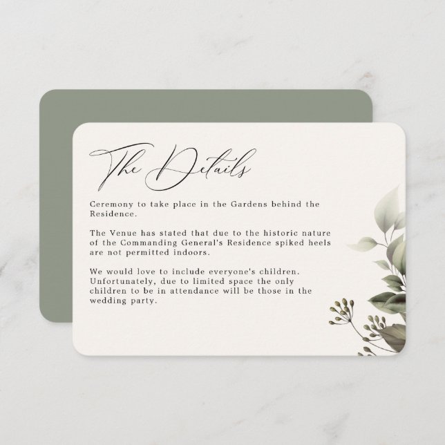 Simple Greenery Botanical Wedding Details Enclosure Card (Front/Back)