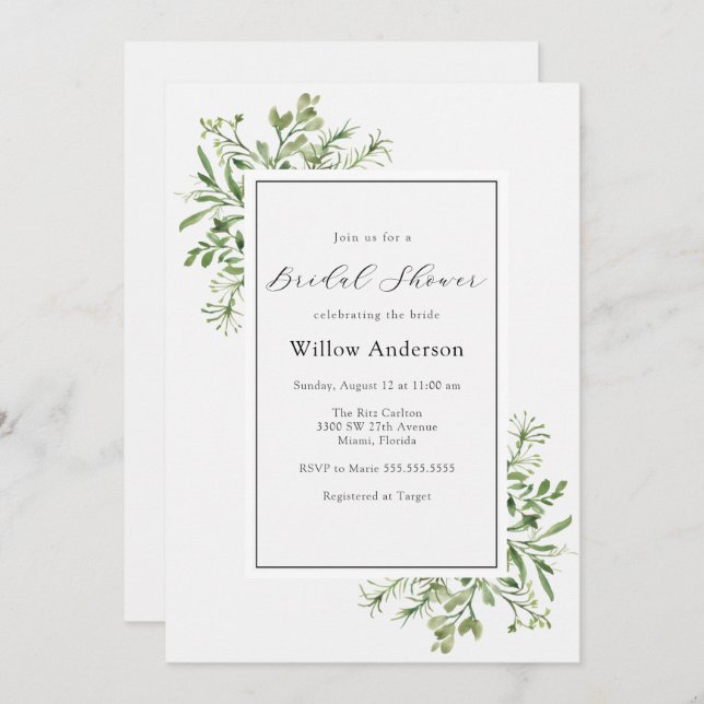 Simple Greenery Bridal Shower Invitation (Front/Back)