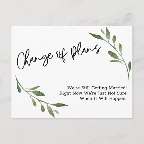 Simple Greenery Change of Plans Postponed Wedding Postcard