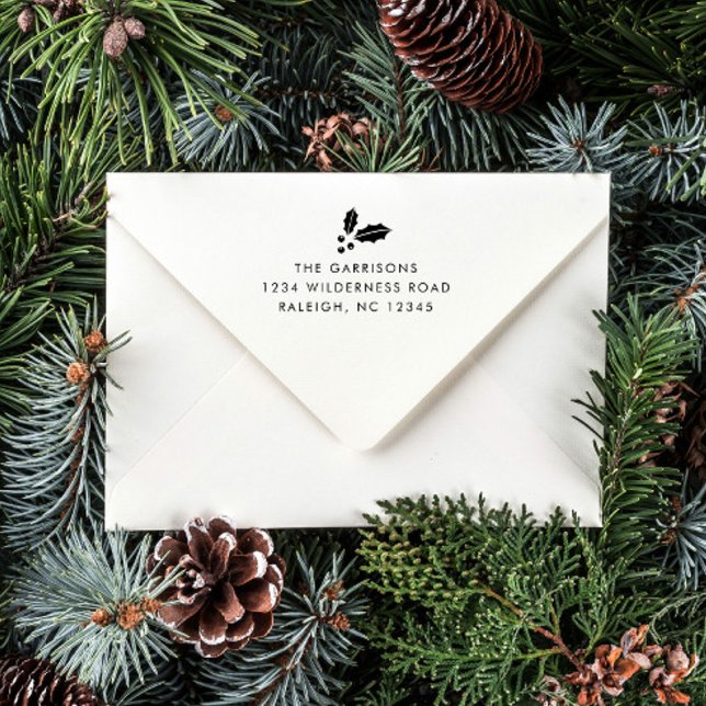 Simple Greenery Christmas Card Return Address Self-inking Stamp (A simple Christmas card return address self inking stamp with black ink and holly icon.)