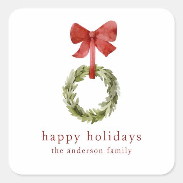 Simple Greenery Christmas Wreath Red Bow Square Sticker (Front)