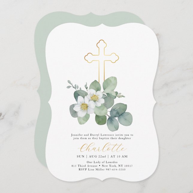 Simple Greenery Cross Baptism Religious Invitation (Front/Back)