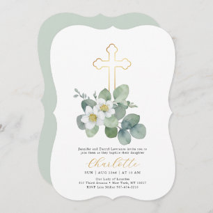 Simple Greenery Cross Baptism Religious Invitation