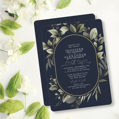 Simple Greenery Eucalyptus Dark Navy Gold Wedding Invitation