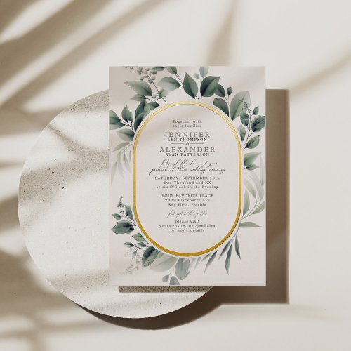 Simple Greenery Eucalyptus Ivory Gold Foil Wedding Foil Invitation