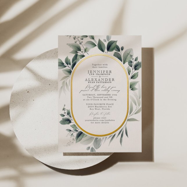 Simple Greenery Eucalyptus Ivory Gold Foil Wedding Foil Invitation (Creator Uploaded)