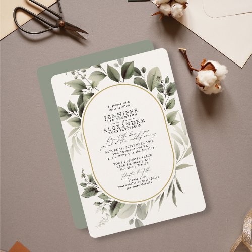 Simple Greenery Eucalyptus Ivory Golden Wedding Invitation