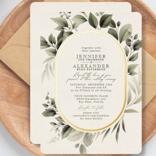 Simple Greenery Eucalyptus Ivory Wedding Gold Foil Invitation