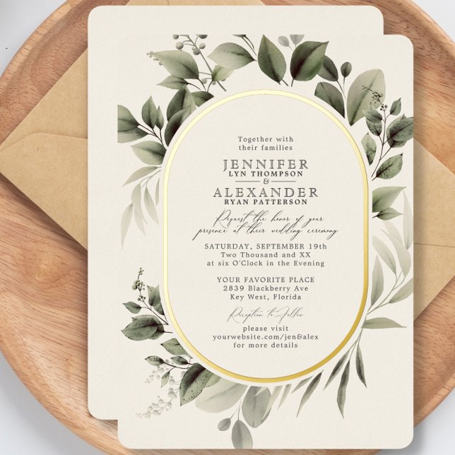 Simple Greenery Eucalyptus Ivory Wedding Gold Foil Invitation (Creator Uploaded)